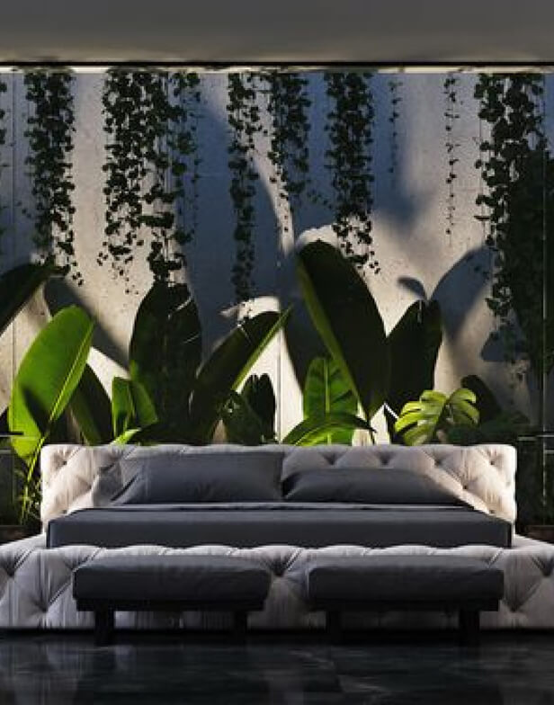 Bed with Backlights and Tall Plants