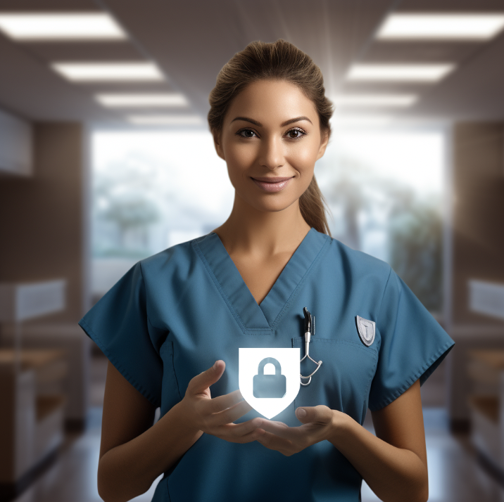 Friendly nurse with a protective symbol.