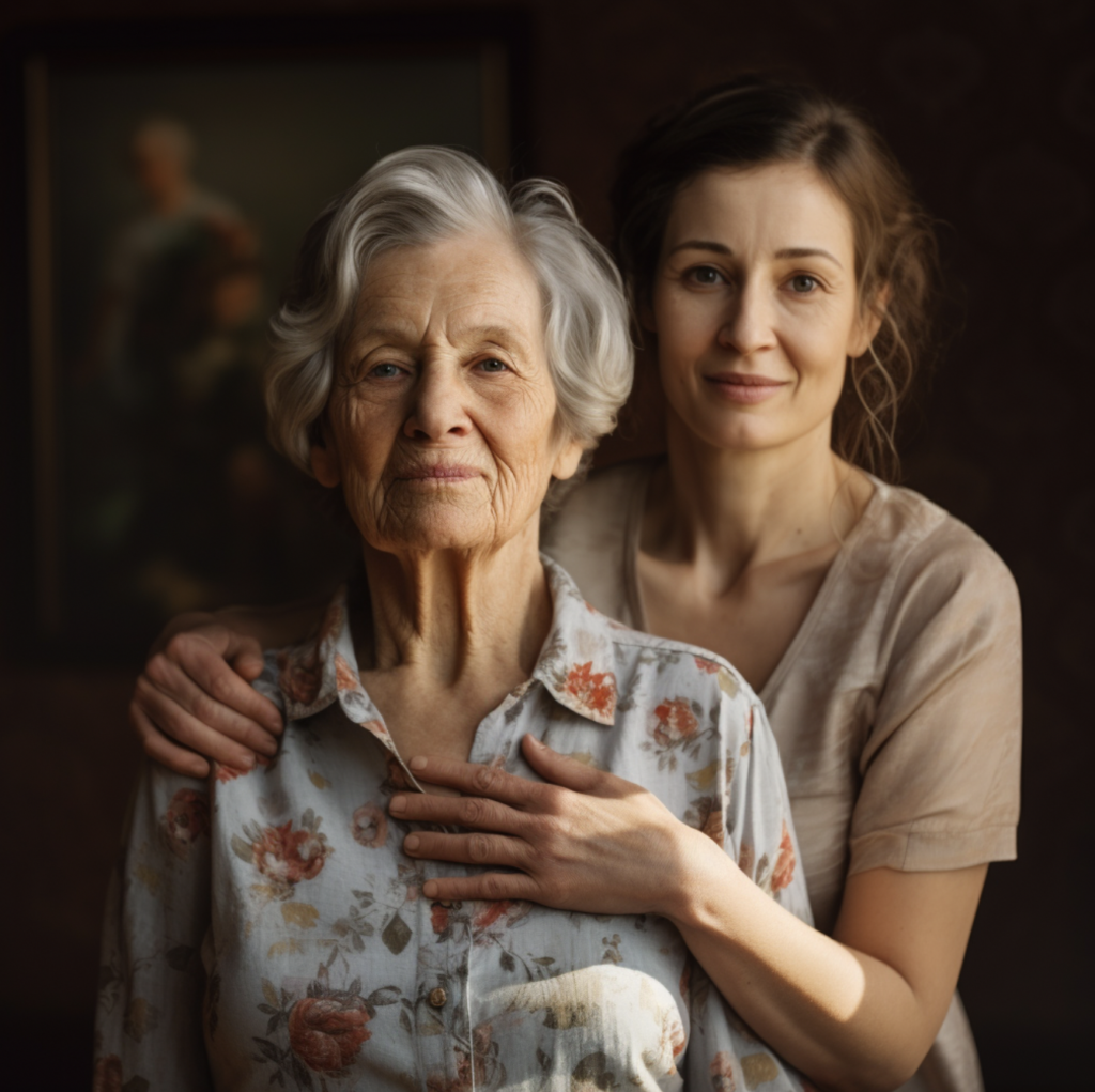 Loving daughter embraces her cheerful older mother.