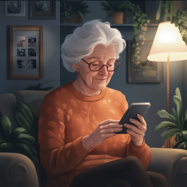 Elderly woman in a cozy living room using a smartphone to check her smart home monitoring app, appearing relaxed and independent. The setting emphasizes comfort and safety with family photos in the background.