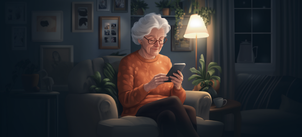 Elderly woman in a cozy living room using a smartphone to check her smart home monitoring app, appearing relaxed and independent. The setting emphasizes comfort and safety with family photos in the background.