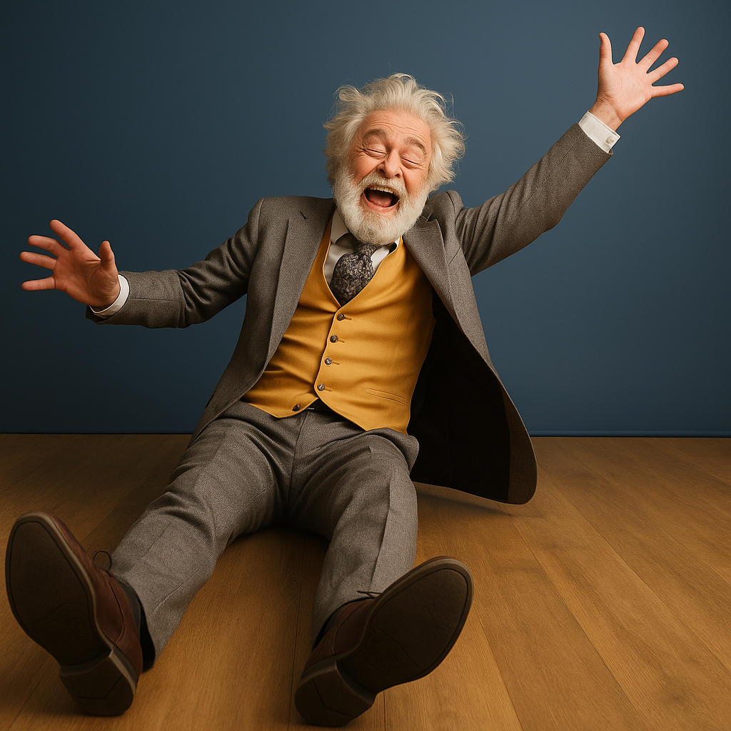 Older man in a suit mid-fall, illustrating the importance of fall detection technology for senior safety.