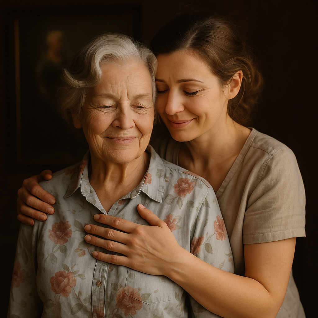 Older woman smiling with her adult daughter standing behind, hands warmly on her mother’s shoulders, symbolizing family support and care.