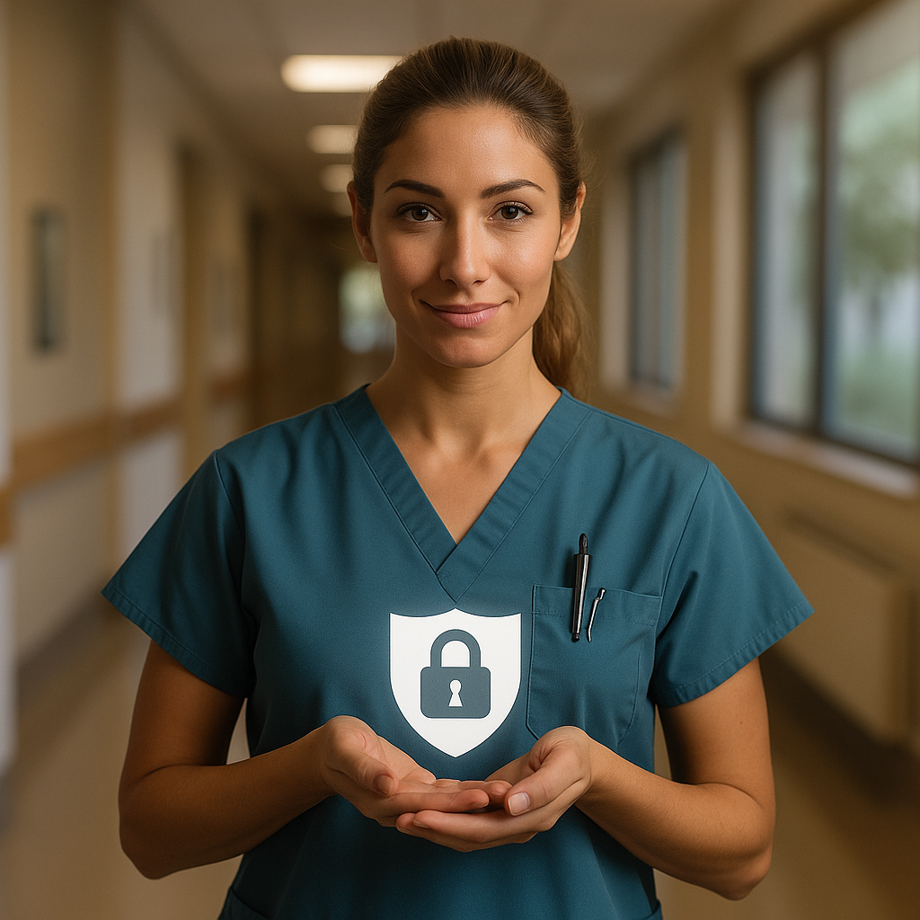 Young nurse holding a glowing icon with a lock symbol, representing privacy and security in the FutureCare platform.