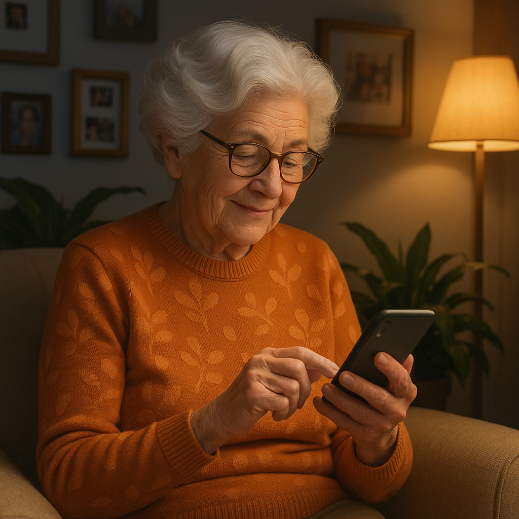 Elderly woman in a cozy living room using a smartphone to check her smart home monitoring app, appearing relaxed and independent. The setting emphasizes comfort and safety with family photos in the background.