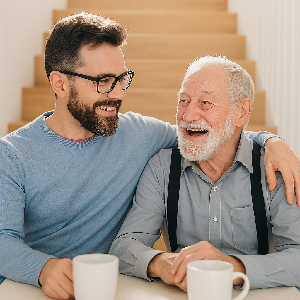 Adult son hugging his older father on a set of stairs, both smiling and sharing a moment of affection and connection.
