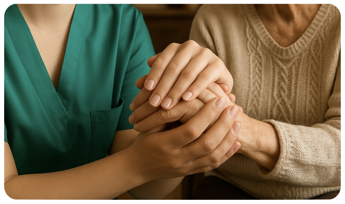 Adult daughter smiling while holding the hand of her older mother, who is smiling back with a weathered, loving expression.